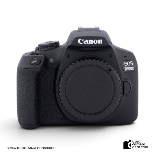 usedcameragear Canon EOS 2000D DSLR camera body in black, front view showing lens mount and grip
