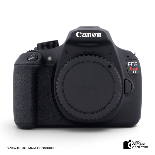 usedcameragear Canon EOS Rebel T5 DSLR camera body in black, front view with lens mount cap attached