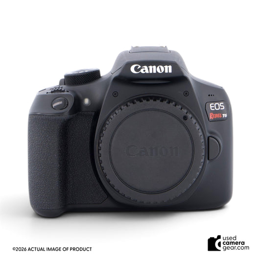 usedcameragear Canon EOS Rebel T6 DSLR camera body in black, front view on a white background.