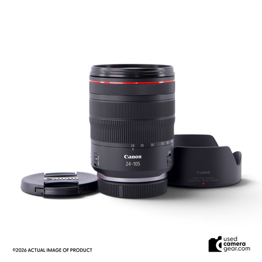 usedcameragear Canon RF 24-105mm f/4 L IS USM lens with lens hood and cap against a plain white background