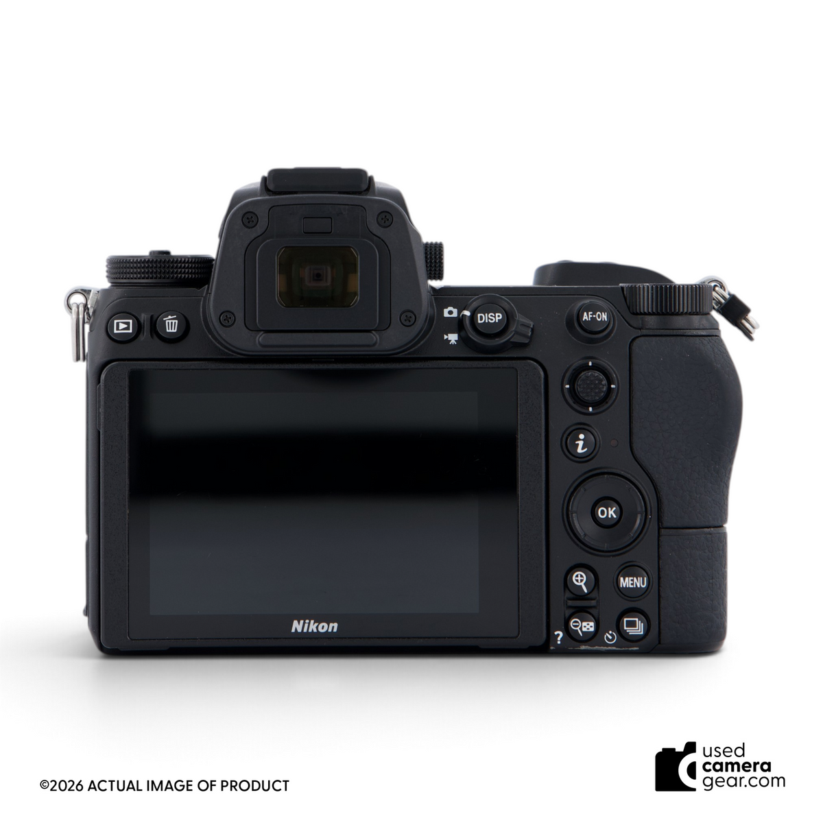 Back view of Nikon Z6 mirrorless camera body featuring a tilting LCD screen and control buttons.