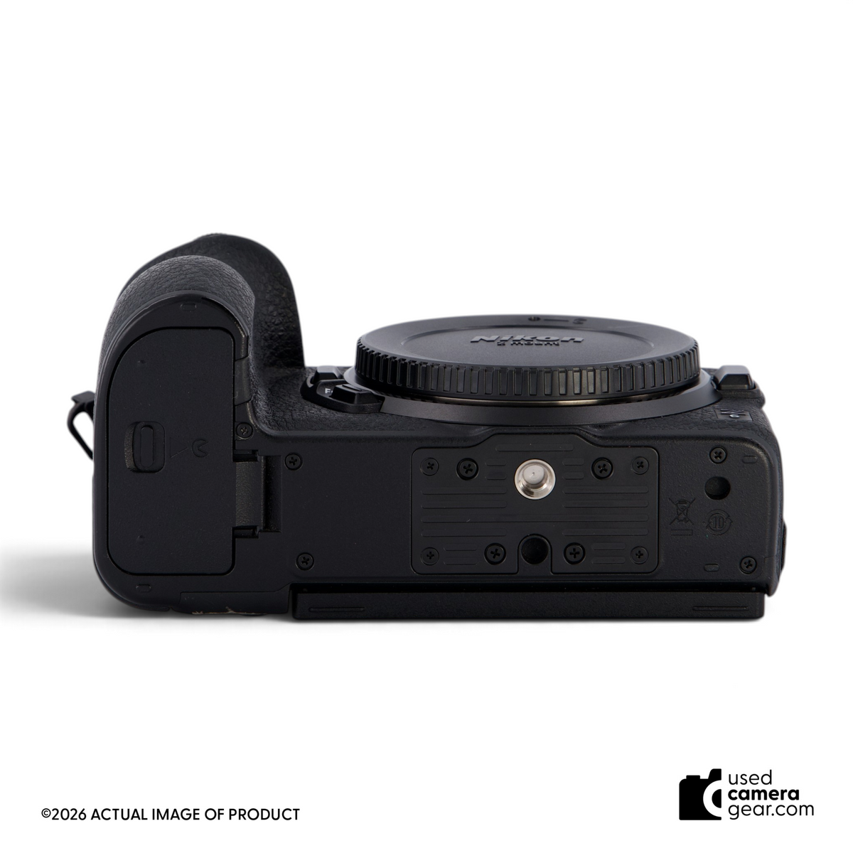 Nikon Z6 mirrorless camera body in black with attached RRS L-bracket, viewed from the bottom.