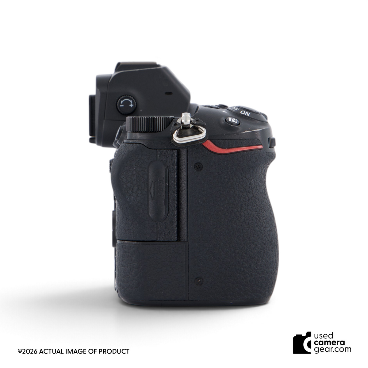 Used Nikon Z6 full-frame mirrorless camera body in black with attached L-bracket, side view.