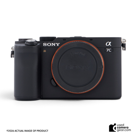 usedcameragear Sony Alpha a7C black full-frame mirrorless camera body front view on a white background