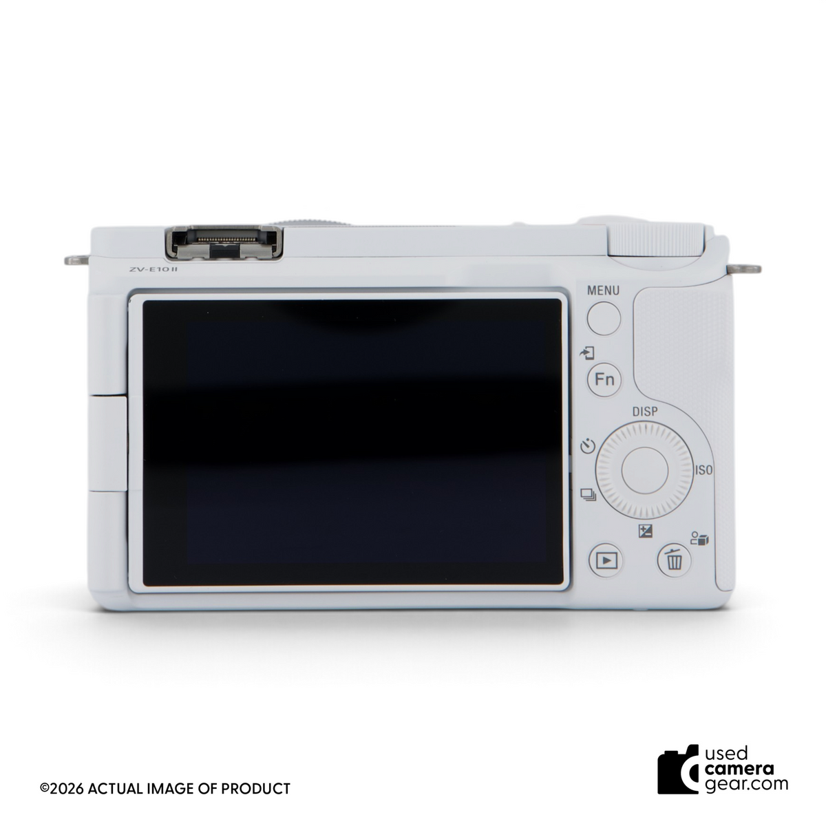 Back view of white Sony ZV-E10 II mirrorless camera showing the vari-angle LCD screen and control buttons.